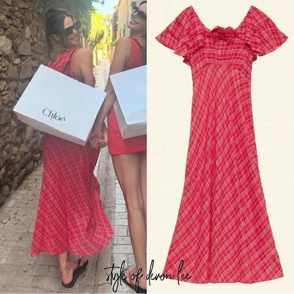 NWT Doen Nevara Cotton Rosette Short Sleeve Midi Maxi Dress Sylvie Plaid Red - Picture 11 of 12